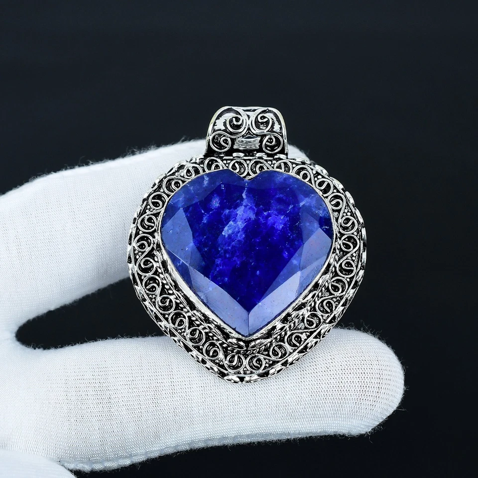 Zaffiro Blu Creato IN Laboratorio Gemma 925 Argento Sterling Cuore Ciondolo Per - Immagine 2 di 4