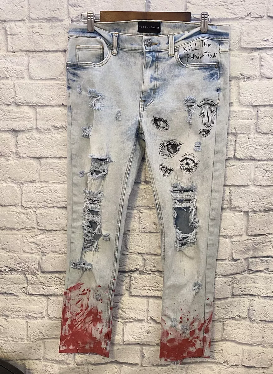 Custom Up-cycled Kill Population Blood Eye Distressed Light Denim Jeans  32x30