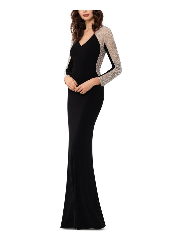 XSCAPE Womens Black Mesh Long Sleeve FullLength Mermaid Dress Petites