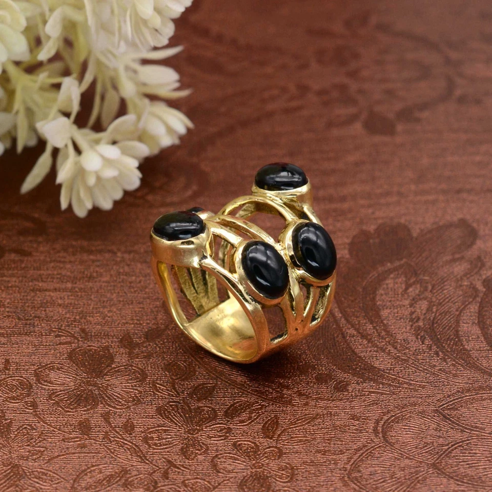 Anel de ouro bronze pedra ônix preto feito à mão anel feminino feminino várias pedras - Imagem 2 de 4