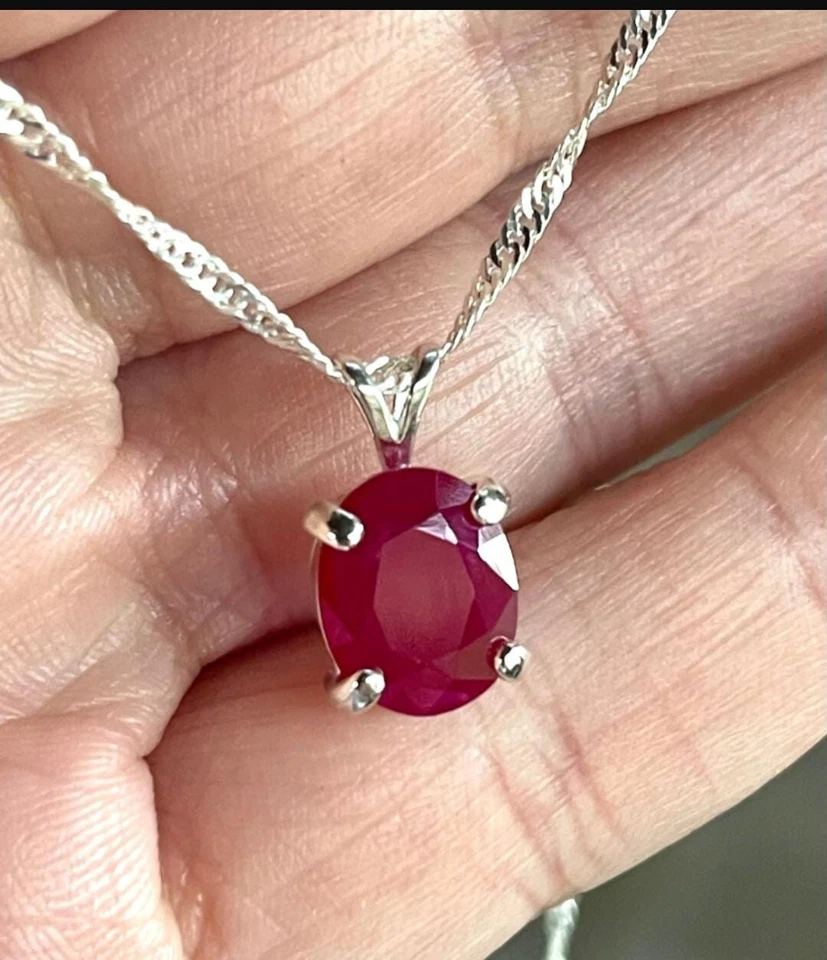 Solid 925 Sterling Silver Natural Ruby Necklace Birthday Gift Necklace For Girl - Image 3 of 4
