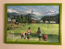 Original Oil Painting Landscape of Rice Farming in the Himalayas Scene, Signed