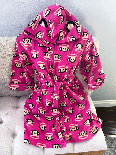 Paul Frank Sz SMALL 5T Hooded Monkey Ears Footed Fleece Pajama Julius ROBE PINK - Picture 8 of 9