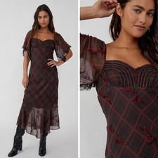 Free People Fallen Flowers Midi Dress Size 4 Plaid Beaded Floral Dark Whimsygoth