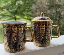 Vintage Hand Painted Thai Porcelain Mugs Blue Gold Gilt Cups w Lid Asian Tea