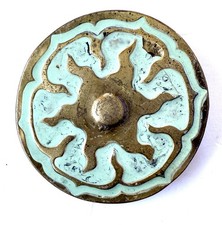 Vintage Brass Heavy Belt Buckle With Turquoise Green Blue Enamel Handmade