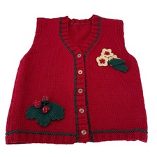 Handmade Kid Red Knit Sweater Vest Strawberry Floral Crochet Applique Cardigan S
