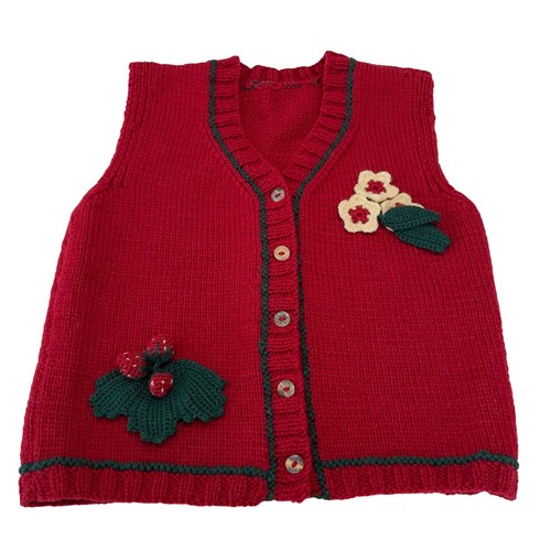 Handmade Kid Red Knit Sweater Vest Strawberry Floral Crochet Applique Cardigan S