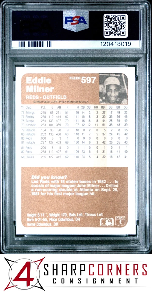 1983 FLEER #597 EDDIE MILNER REDS PSA 10 - Image 2 of 3