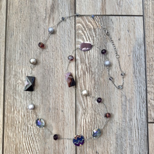 Mixed Materials Beaded Chain Necklace Stone Glass Plastic Faux Pearl Silver Tone