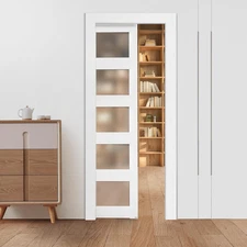 Sliding Pocket Door, 30" X 80", 5-Lite Frosted Glass with Hardware Kit, Sturdy S