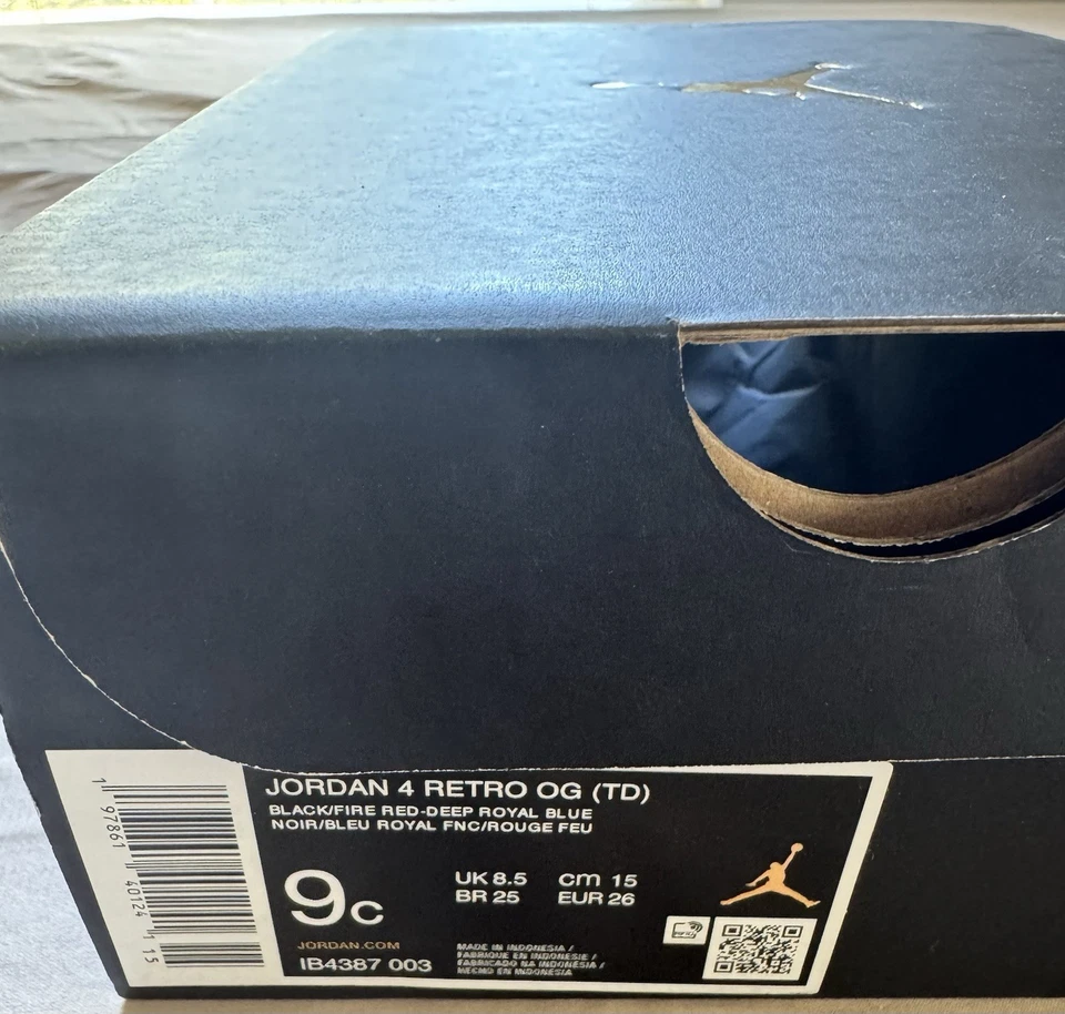 Nike Air Jordan 4 Retro OG TD 9C Negro/Rojo Fuego/Azul Real Profundo IB4387-003 Niños Foto 4 de 4