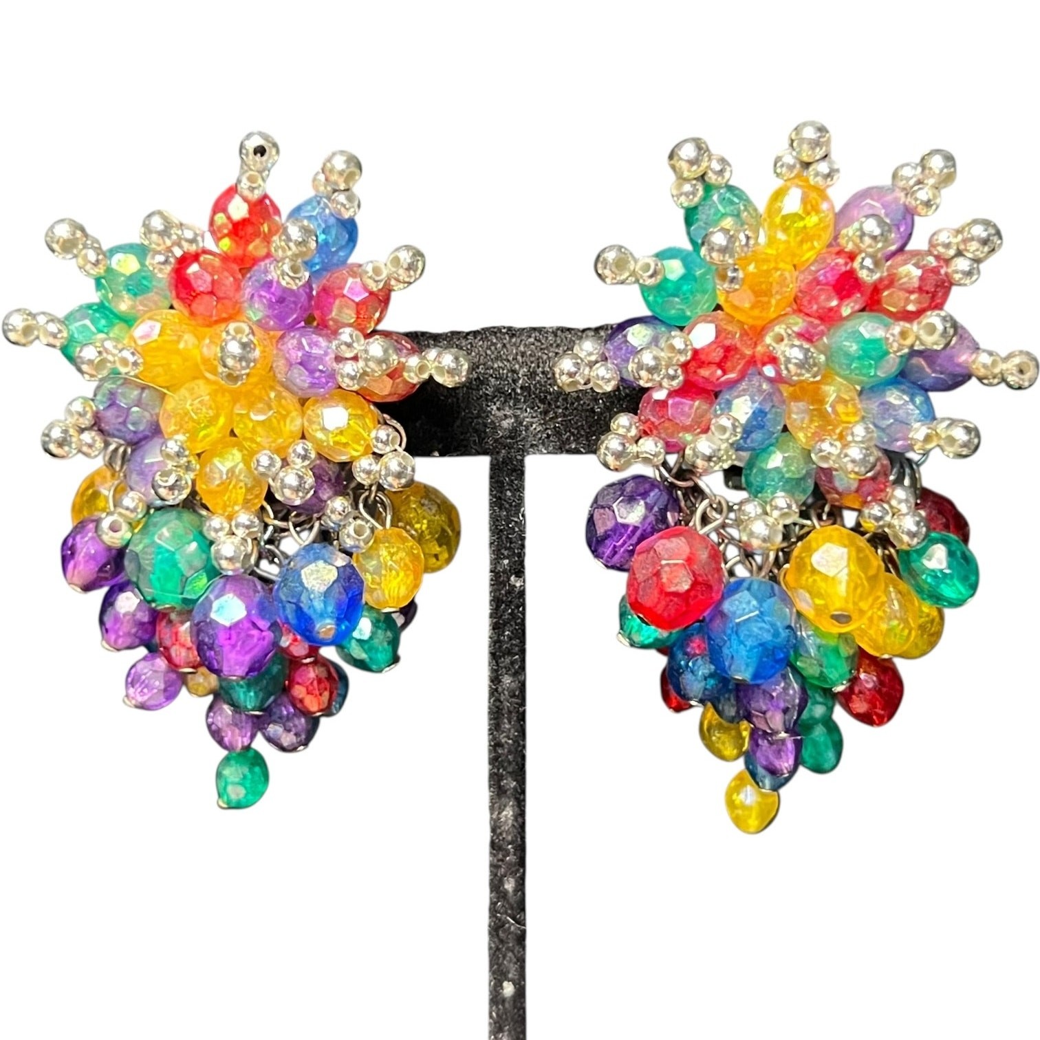 Rainbow Beaded Crystal Cluster Statement Earrings… - image 4