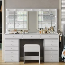 Vanity Desk with Charging Station, Vanity with 15 Drawers, Lighted Mirror