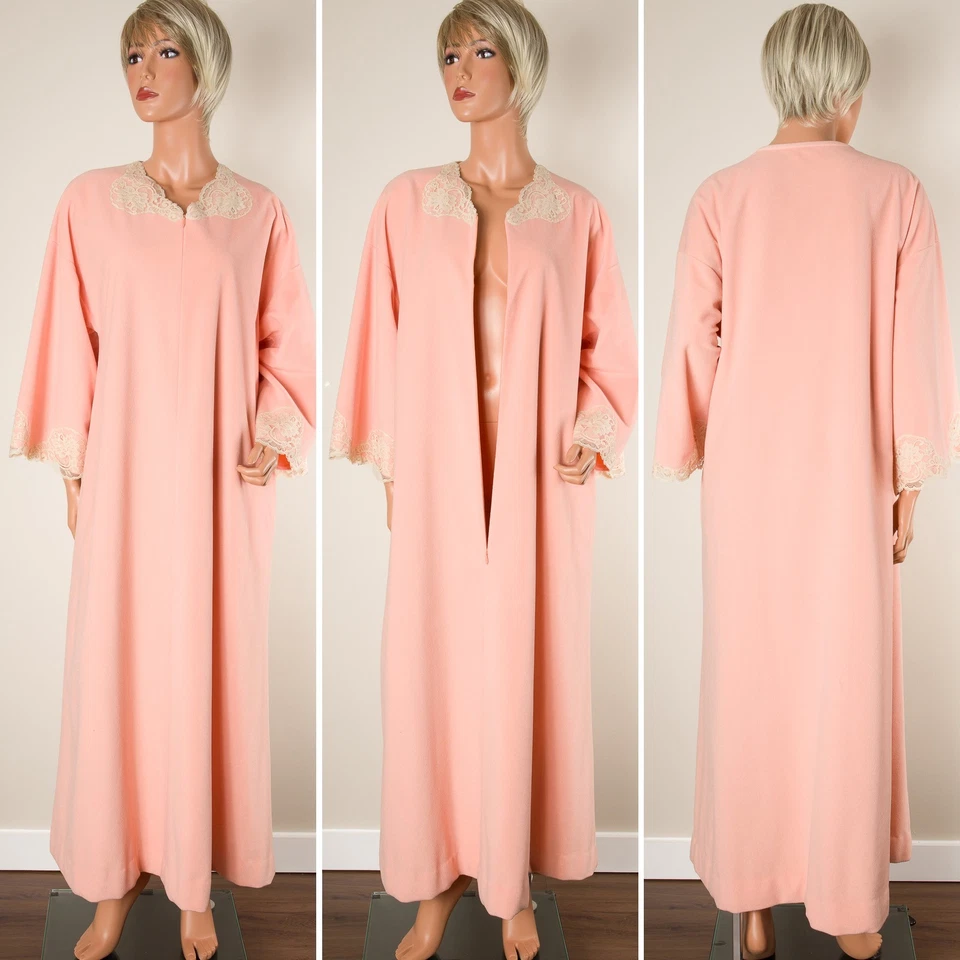 💖 Roupão vintage Vanity Fair poliéster rosa pêssego M casaco 1/2 zíper vestido acabamento em renda - Imagem 3 de 4