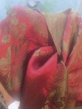 Antique Silk Scarf Damask Jacquard Red & Green Botanical Leaves Light as Air