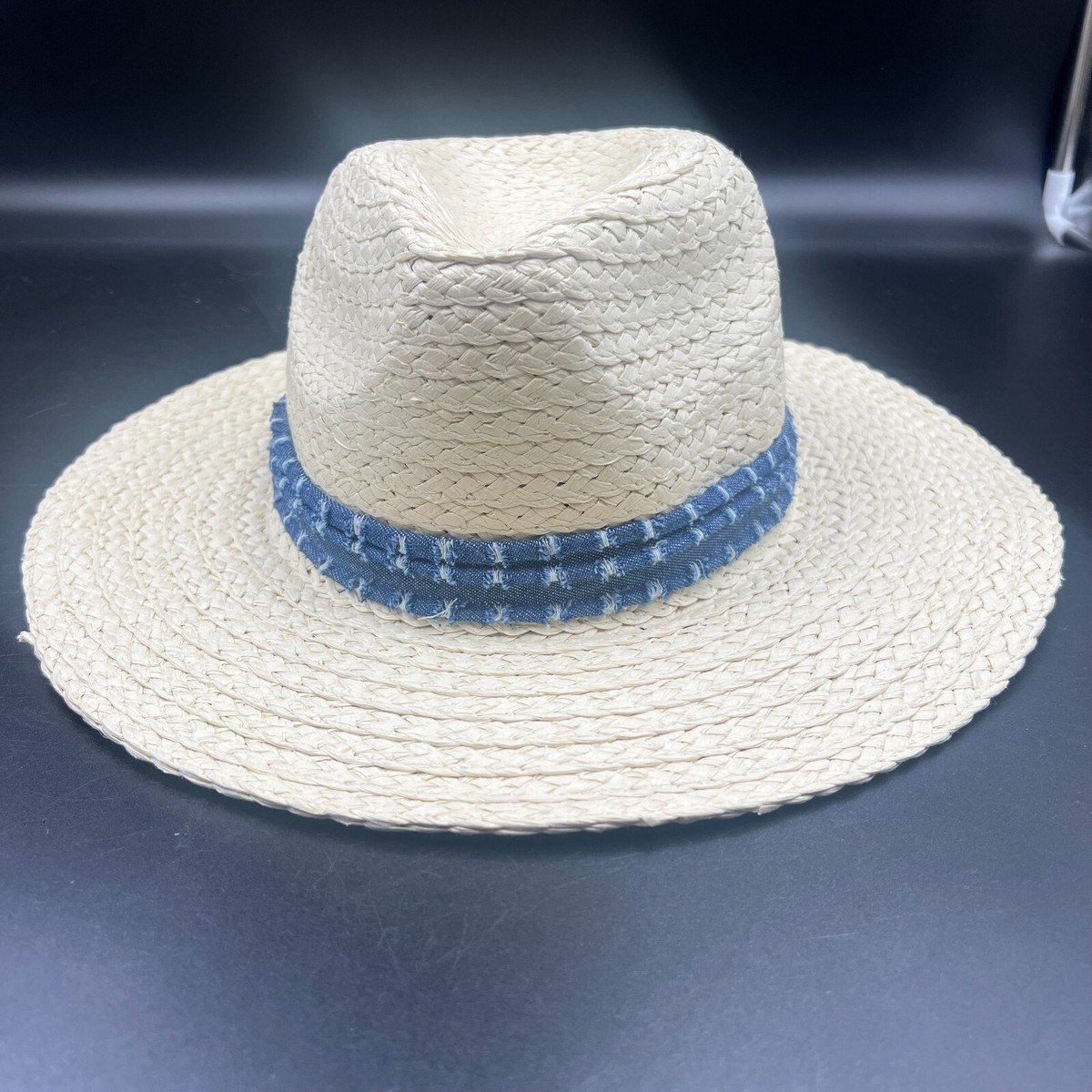 Soft Straw Panama/ Fedora Hat White with Blue Cloth Band | eBay display picture 3