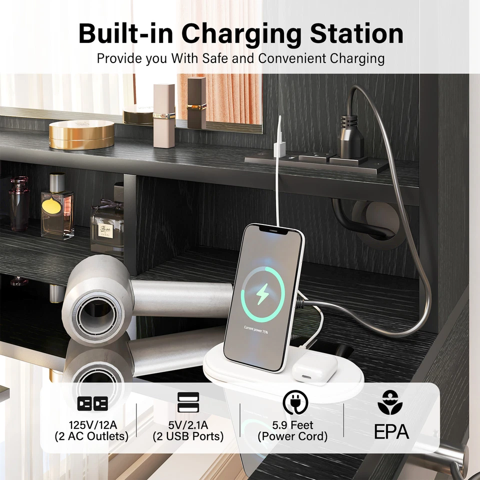 TC-HOMENY Juego de Mesa de Maquillaje con Estación de Carga y Espejo Tocador Foto 4 de 4