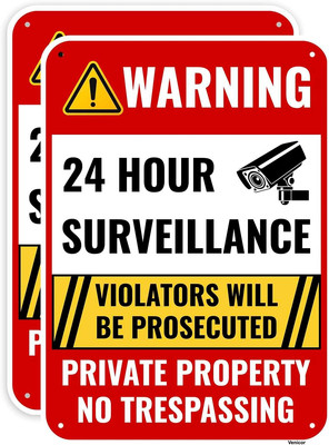 2PC 24 Hour Surveillance Sign, 14 X 10 Inches - Aluminum - Private Property No T