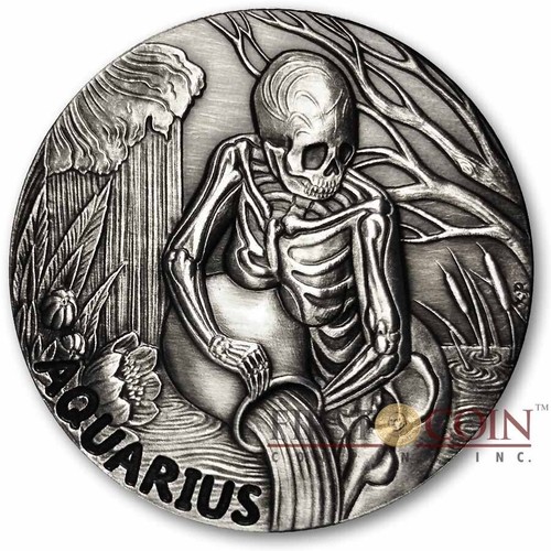 1 oz Silver AQUARIUS ZODIAC MEMENTO MORI Skull 2015 Round High Relief Rimless