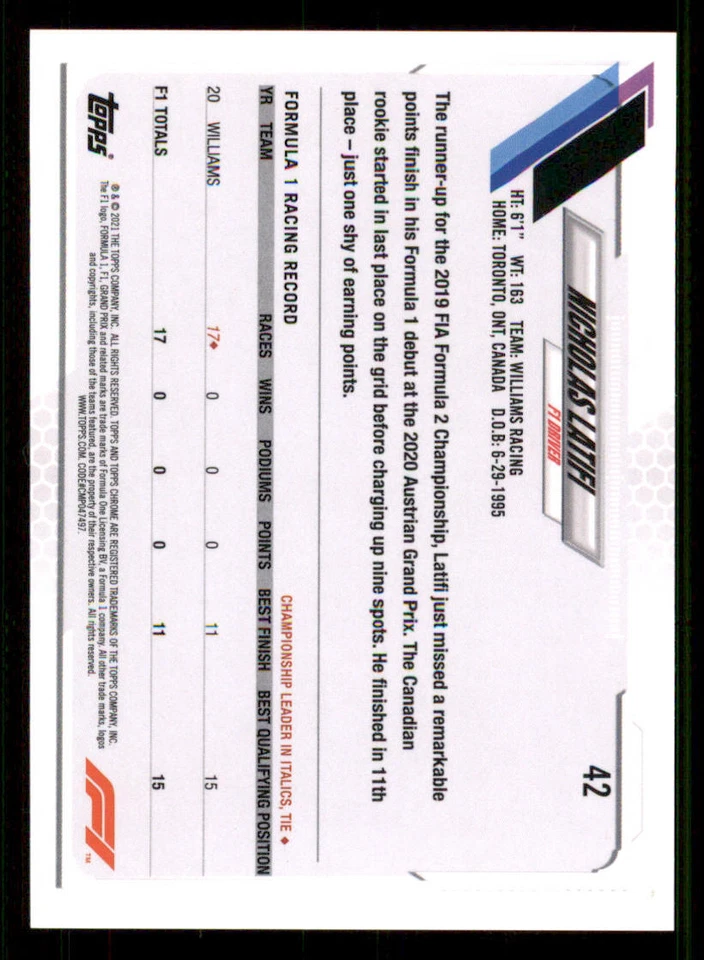 2021 Topps Chrome Formula 1 #42 Nicholas Latifi - Image 2 of 2