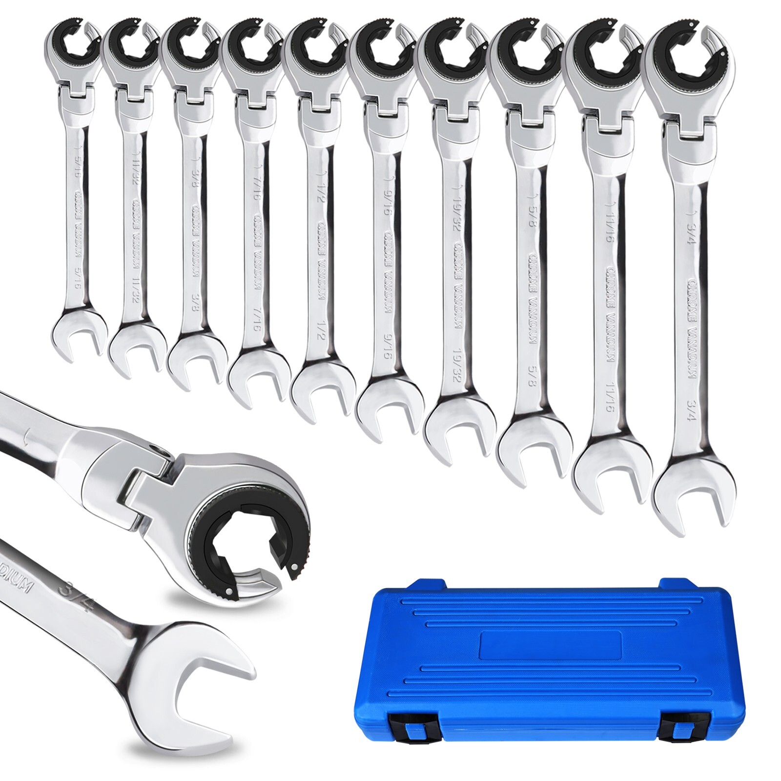 SAE Flex-Head Ratcheting Wrench Combination Wrench Adjustable angle Set 10 Pcs