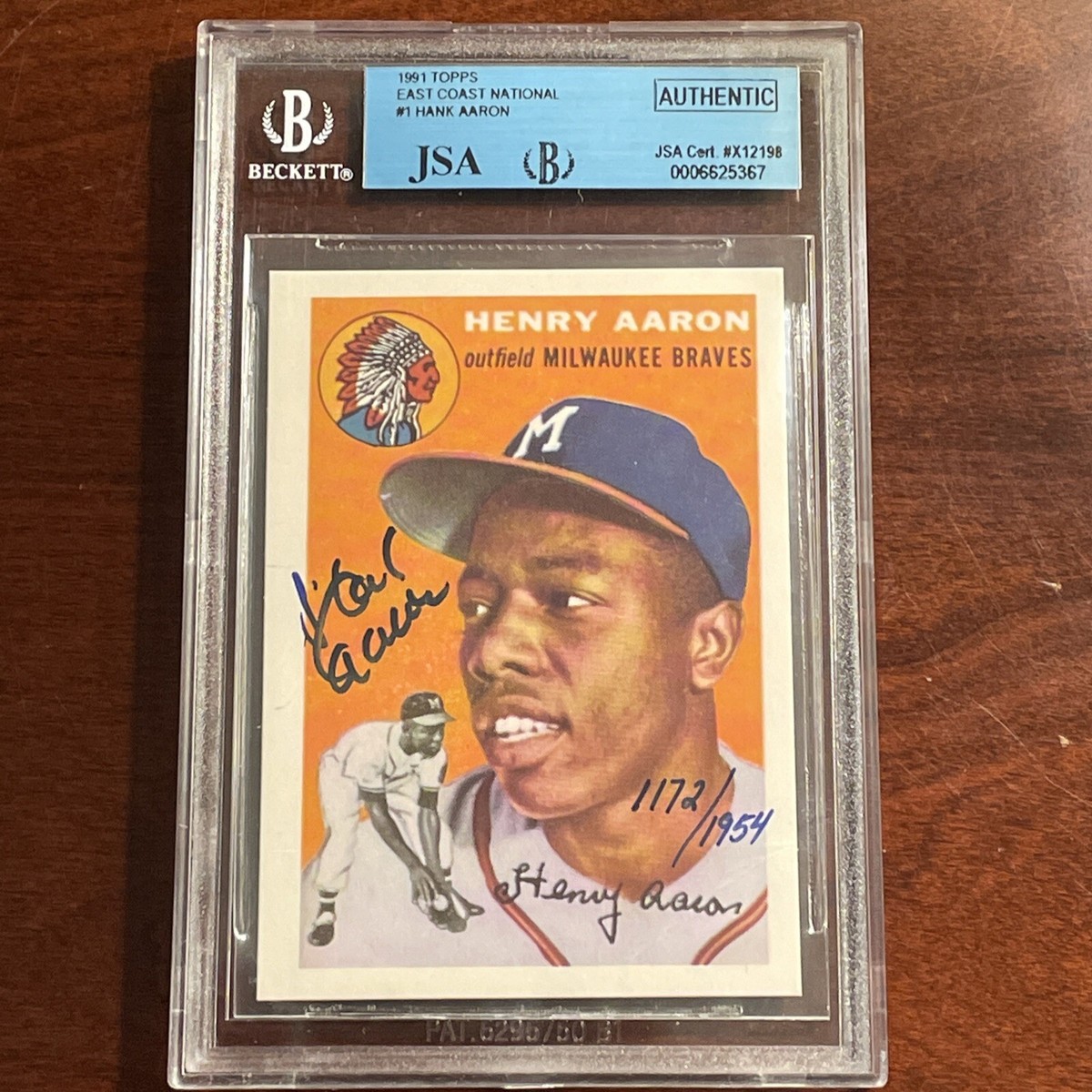 1991/1954 TOPPS HANK AARON RC AUTOGRAPH ROOKIE REPRINT Signed JSA