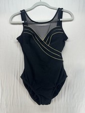 Robby Len One Piece Bathing Swimsuit Mesh Illusion Neckline Gold Trim Size 10 US