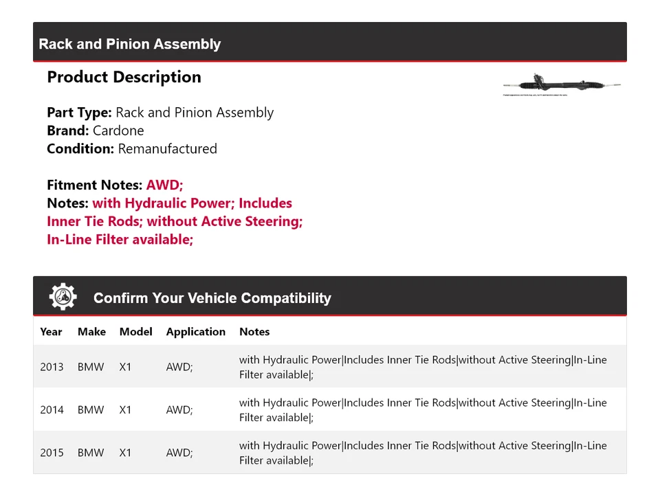 Conjunto de piñón y cremallera Cardone 2014 para BMW X1 2013-2015 AWD Foto 2 de 4