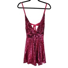 Pink womens Large sequin v neck tie back speghetti strap party mini dress