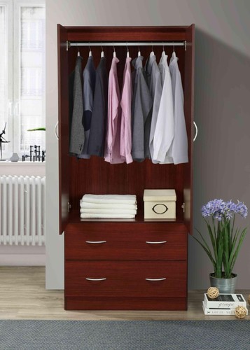 2 Door Wood Wardrobe Bedroom Closet with Clothing Rod inside Cabinet, 2 Drawe... - Picture 4 of 7