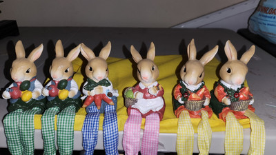 6 VTG Easter Boy & Girl Bunny  Rabbit Figurine Shelf Sitter Spring Decoration