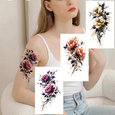 Set of 3 Sheets Pink Yellow Colorful Flowers Waterproof Temporary Tattoo 6090