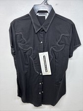 New Women  s Panhandle Slim Black Short Sleeve Pearl Snap Medium TT-23