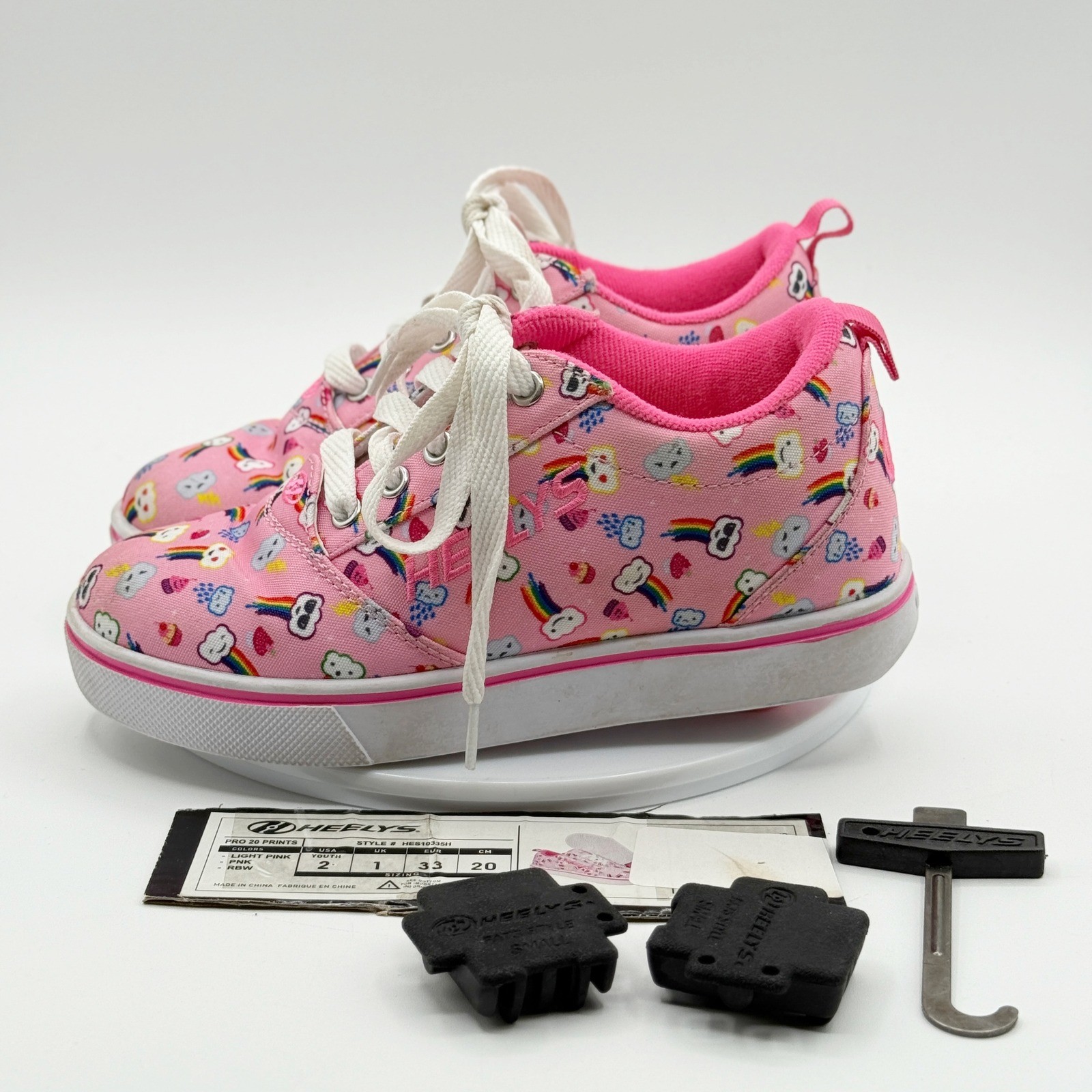 PONY Scarpe da skate HEELYS Pro 20 ruote taglia 2 bambina rosa arcobaleno scarpa da esposizione *Leggi