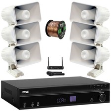 Pyle 5.2 Channel Receiver, 6x 8'' 65W Indoor PA Horn Speakers  Wireless Mic