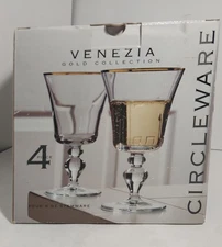 4 Piece NIB Circleware Venezia Coleccion De Oro Gold Rim Stemware 