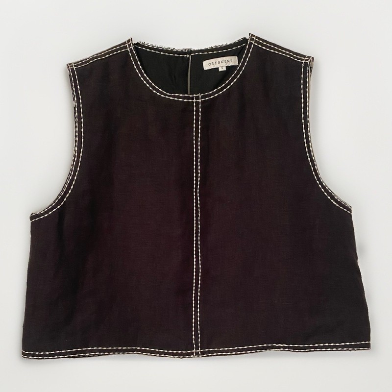 Crescent Linen Crop Top Black Sz S Black White Embroidered Contrast Stitch $105