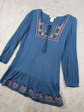 FLYING TOMATO Womens S Blue Long Sleeve Embroidered Boho Mini Dress Tunic