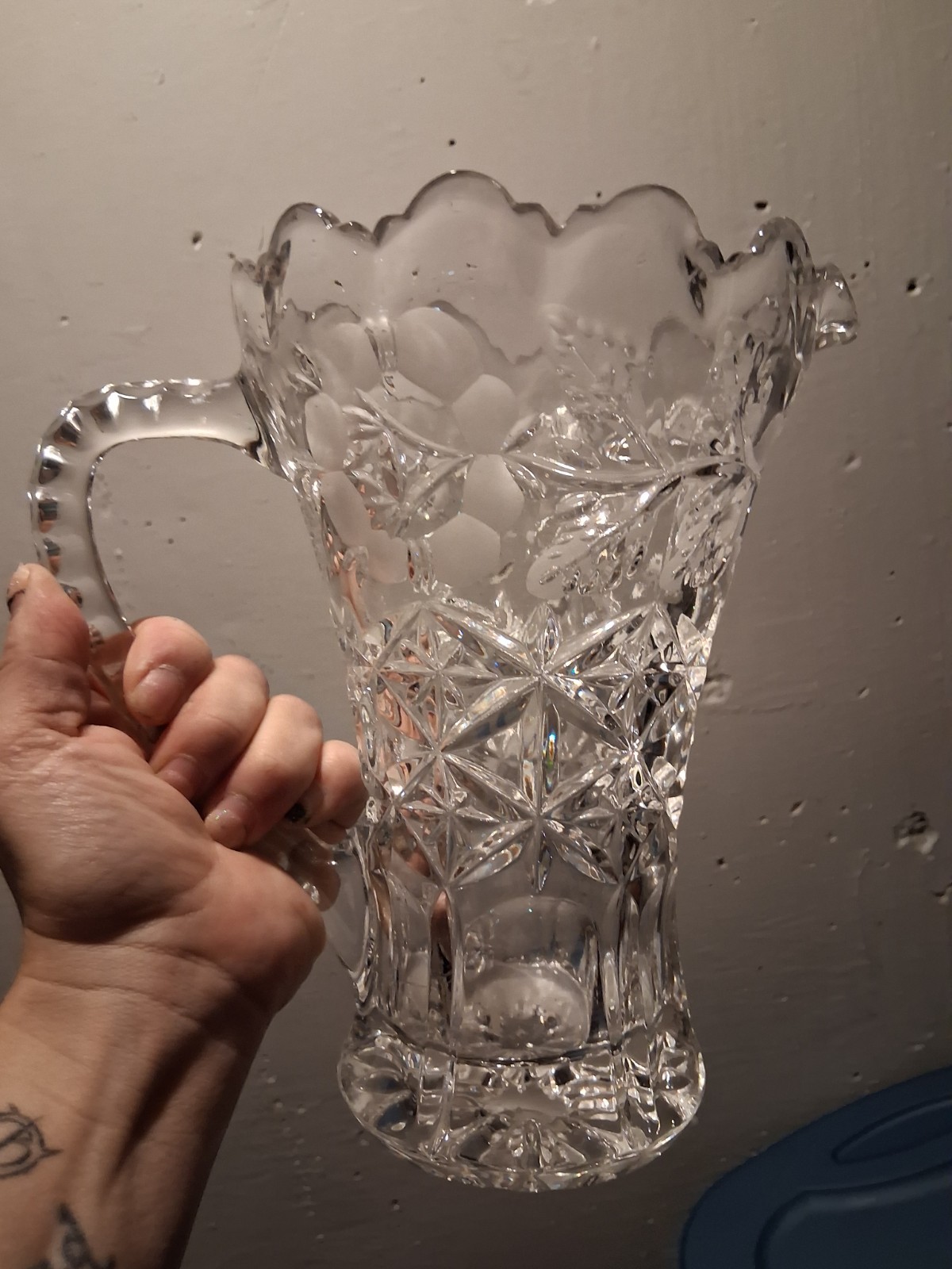 Vintage Lead Crystal Diamond Star Cut Faceted Flower Water Pitcher
