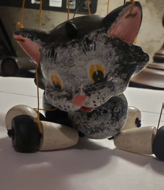 Vintage Pelham Puppets SL Cat Marionette 1960s 1970s England Black White Wooden