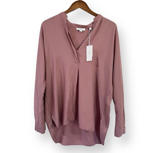 Vince Women's Long Sleeve Split Neck Top - Silk Popover Blouse With Pleated Sleeves, Slim Fit