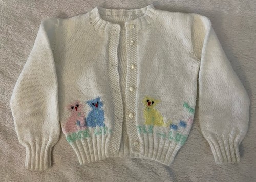 Vintage Baby Handmade Sweater Knit Cardigan Kittens Cats Size 3 Month W/ Spot