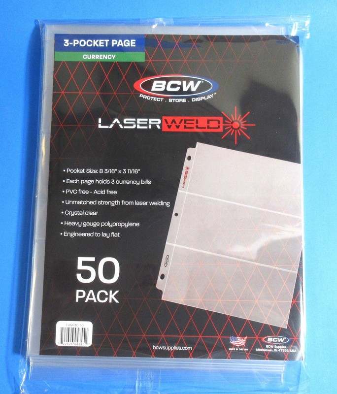 50 BCW LASERWELD 3-POCKET CURRENCY PAGES FOR LARGE BILLS-ACID FREE