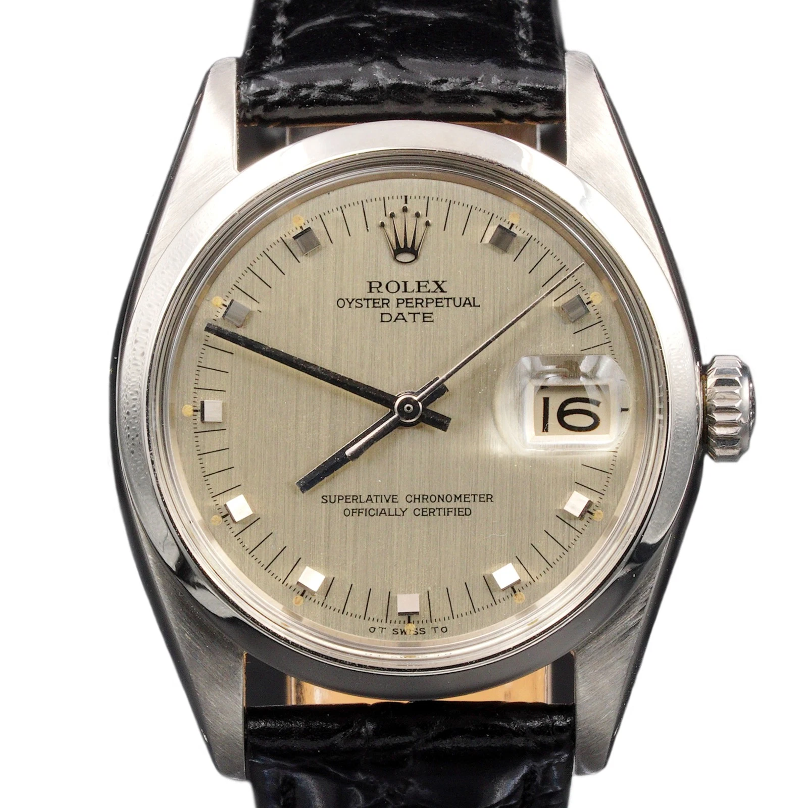Rolex — Mens Rolex Stainless Steel Date Watch with Silver Dial Black Leather Band 1500