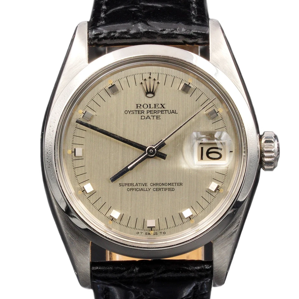 Reloj Rolex para hombre de acero inoxidable con fecha con esfera plateada correa de cuero negro 1500