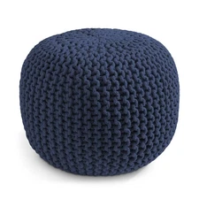 Round Cotton Pouf Ottoman, Navy Blue - 20 x 20 x 14.5 Knit Foot Stool Pouffe