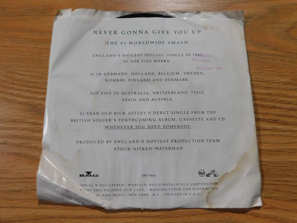 Rick Astley - RCA 45 RPM Never Gonna Give You Up - W/ PIC SLEEVE - Image 2 of 4