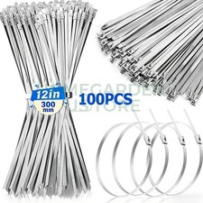 100PC 304 Metal Zip Ties Stainless Steel Heavy Duty Self-Locking Cable Ties 12''