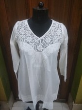 TUNIC BLOUSE SHIRT XS 36" CHIKAN EMBROIDERY 100 COTTON HANDMADE KURTA TOP KURTI